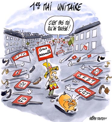 dessin : un 1er mai unitaire sur fond de grippe porcine