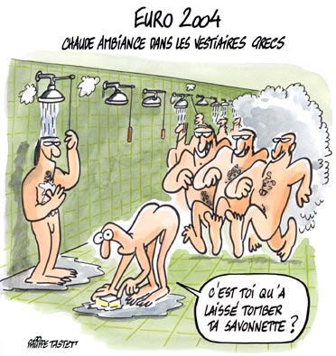 Dessin de presse : Euro 2004, chaude ambiance dans les vestiaires grecs