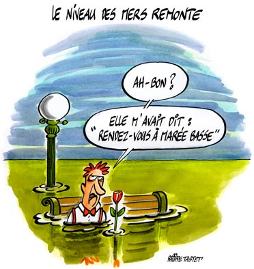 Dessin de presse : réchauffement climatique : Le niveau des mers remonte