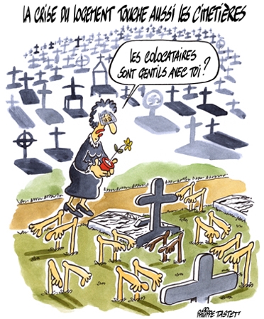 dessin : La crise du logement touche aussi les cimetières