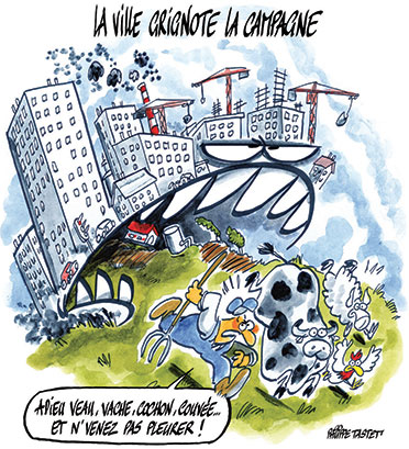 dessin : écologie, le monde rural menacé par la ville