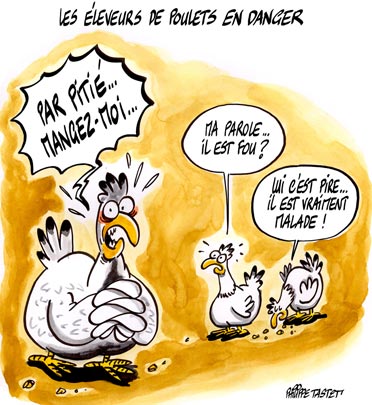 dessin : Les éleveurs de poulets en danger. 